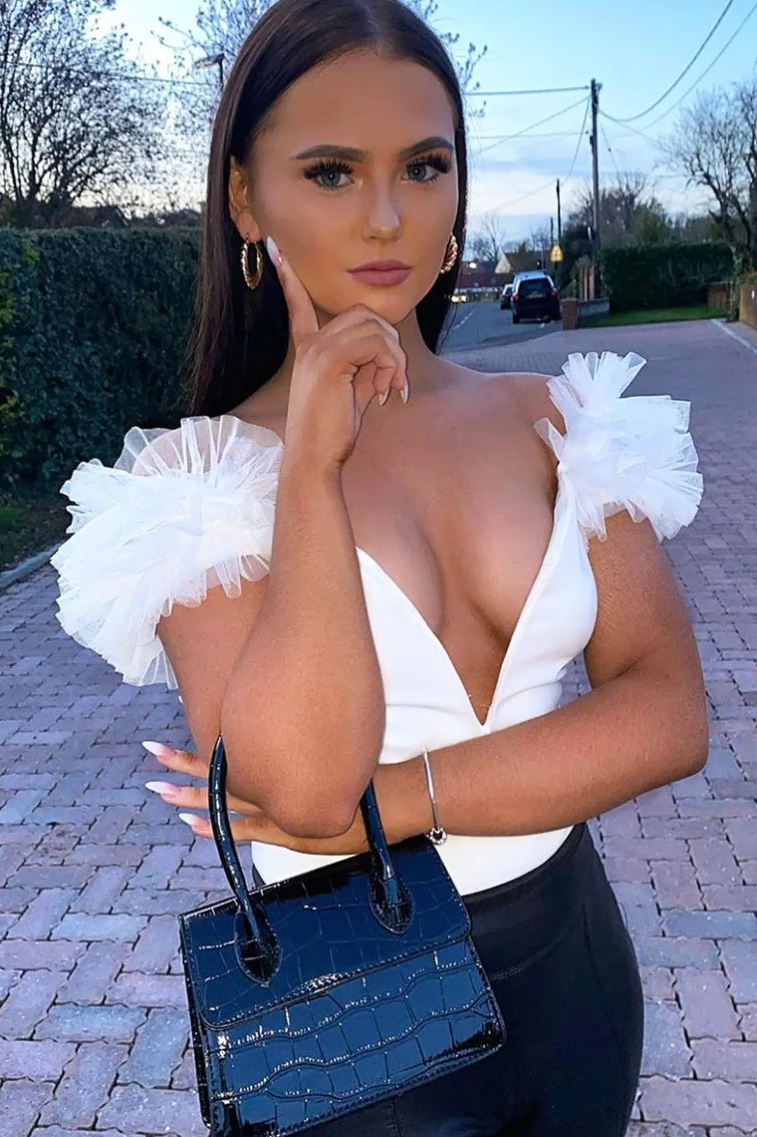 Rebellious Fashion White Deep Plunge Frill Shoulder Bodysuit - Danity