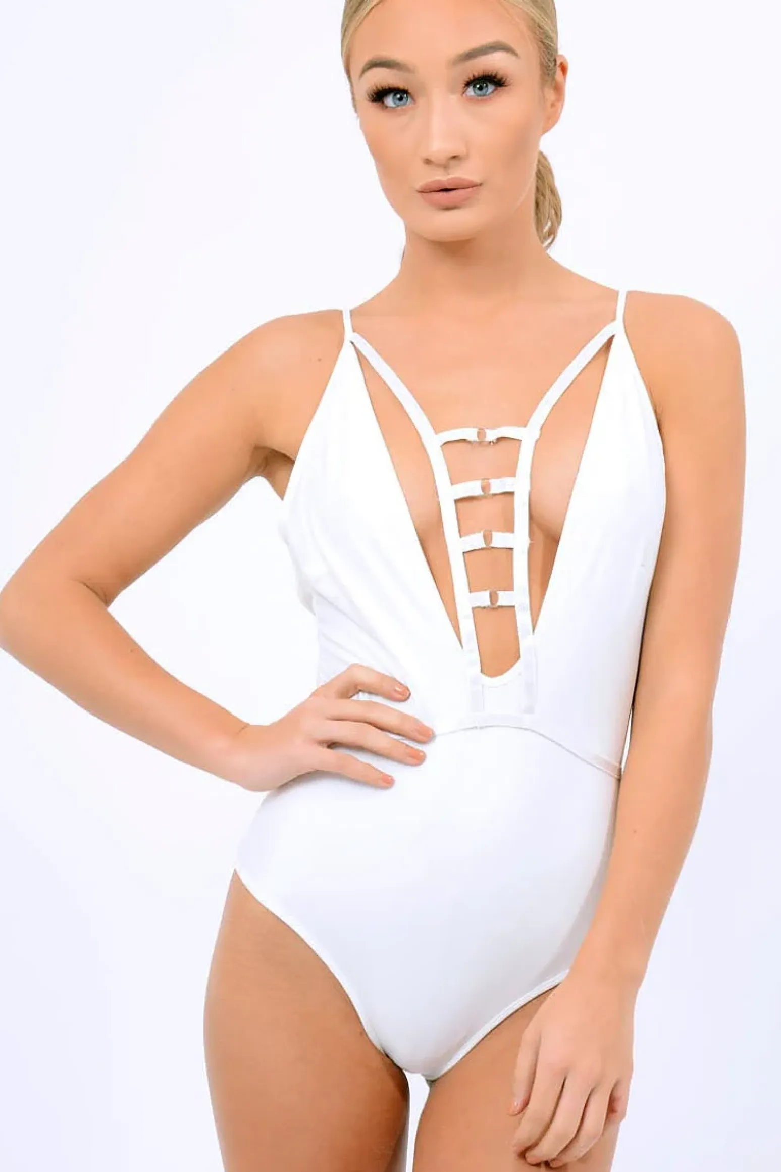 Rebellious Fashion White Deep Plunge Harness Swimsuit - Willow