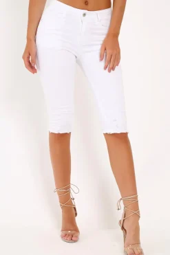 Rebellious Fashion White Denim Cropped Distressed Shorts - Karcyn