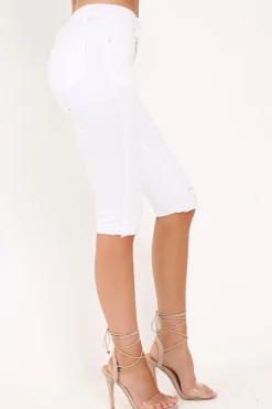 Rebellious Fashion White Denim Cropped Distressed Shorts - Karcyn
