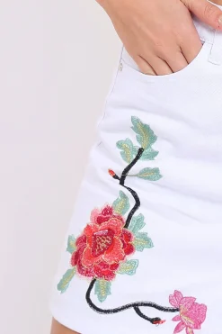 Rebellious Fashion White Denim Floral Embroidered Button Front Skirt - River
