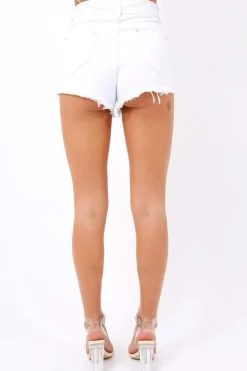 Rebellious Fashion White Denim Frayed Ripped Applique Shorts - Rayleigh
