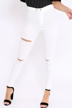 Rebellious Fashion White Denim High Waist Distressed Jeans - Demmy