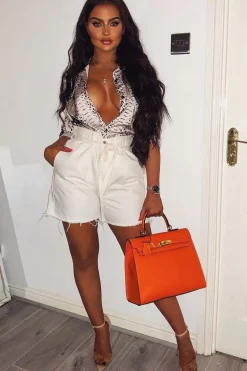 Rebellious Fashion White Denim Paper Bag Shorts - Betti