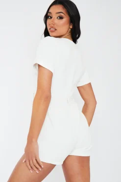 Rebellious Fashion White Denim Utility Zip Up Playsuit - Addo
