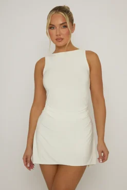 Rebellious Fashion White Dip Hem Gathered Mini Dress - Ula