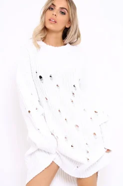 Rebellious Fashion White Distressed Cable Knit Jumper Dress - Abea
