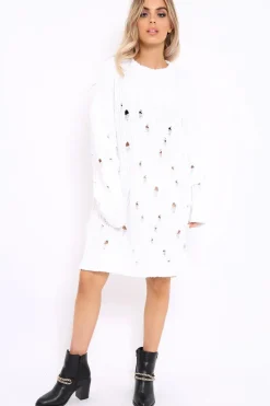 Rebellious Fashion White Distressed Cable Knit Jumper Dress - Abea