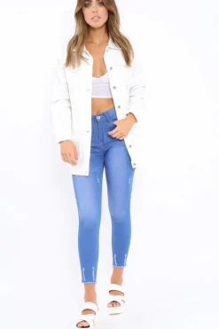 Rebellious Fashion White Distressed Denim Jacket - Saima