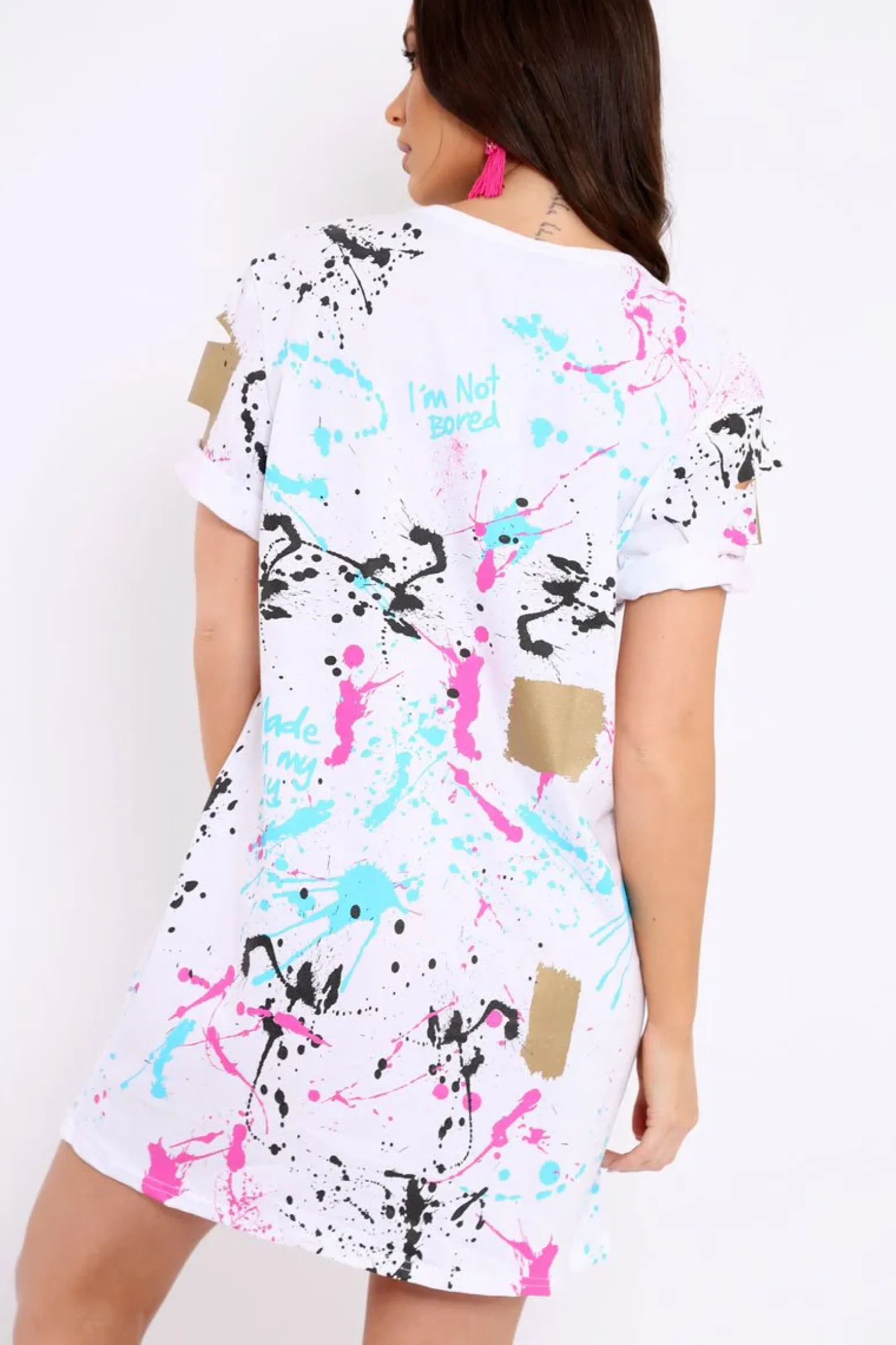 Rebellious Fashion White Distressed Paint Splatter T-Shirt Dress - Masa