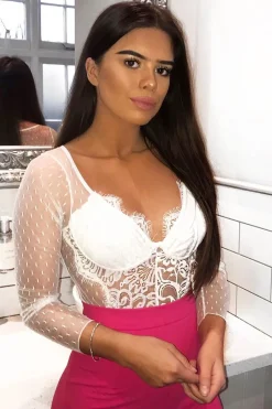 Rebellious Fashion White Dobby Mesh Low Cut Bodysuit - Tamara