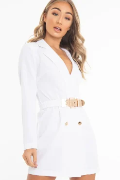 Rebellious Fashion White Double Breasted Button Front Belted Blazer - Enya