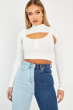 Rebellious Fashion White Double Layer High Neck Crop Top - Mahani