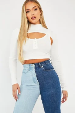 Rebellious Fashion White Double Layer High Neck Crop Top - Mahani