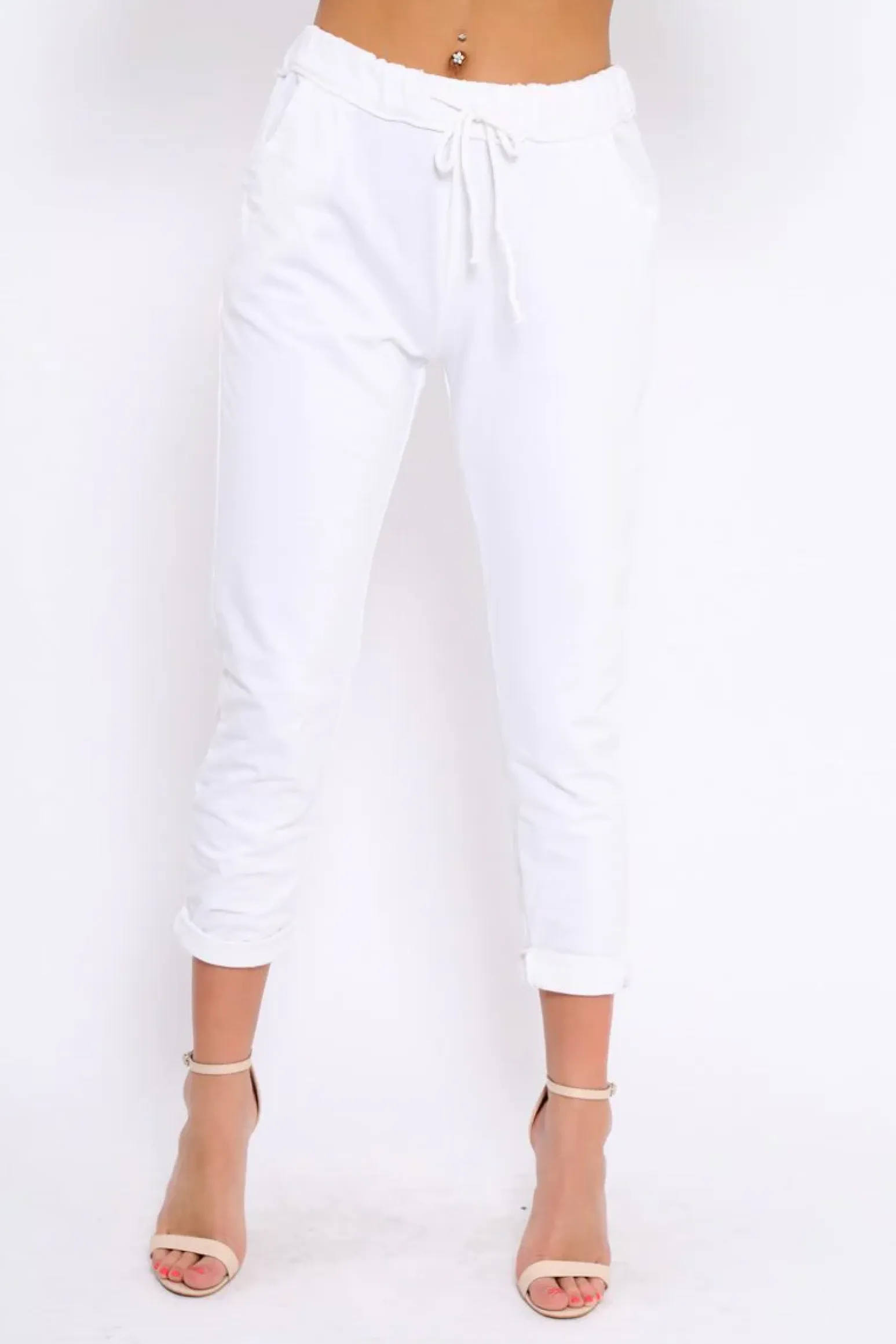 Rebellious Fashion White Elasticated Tie Waist Joggers - Cerena