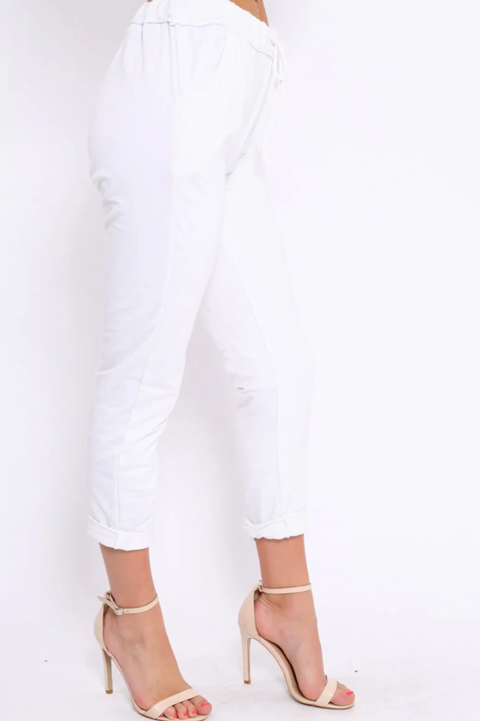 Rebellious Fashion White Elasticated Tie Waist Joggers - Cerena