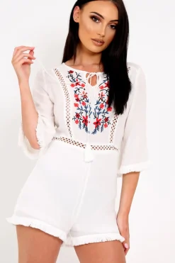 Rebellious Fashion White Embroided Frill Hem Playsuit - Novia