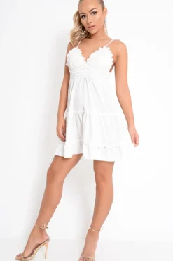 Rebellious Fashion White Embroidered Babydoll Skater Dress - Giavonna