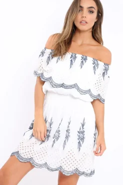 Rebellious Fashion White Embroidered Bardot Dress - Lottie