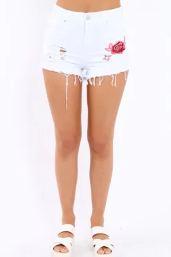Rebellious Fashion White Embroidered Demin Shorts - Leo