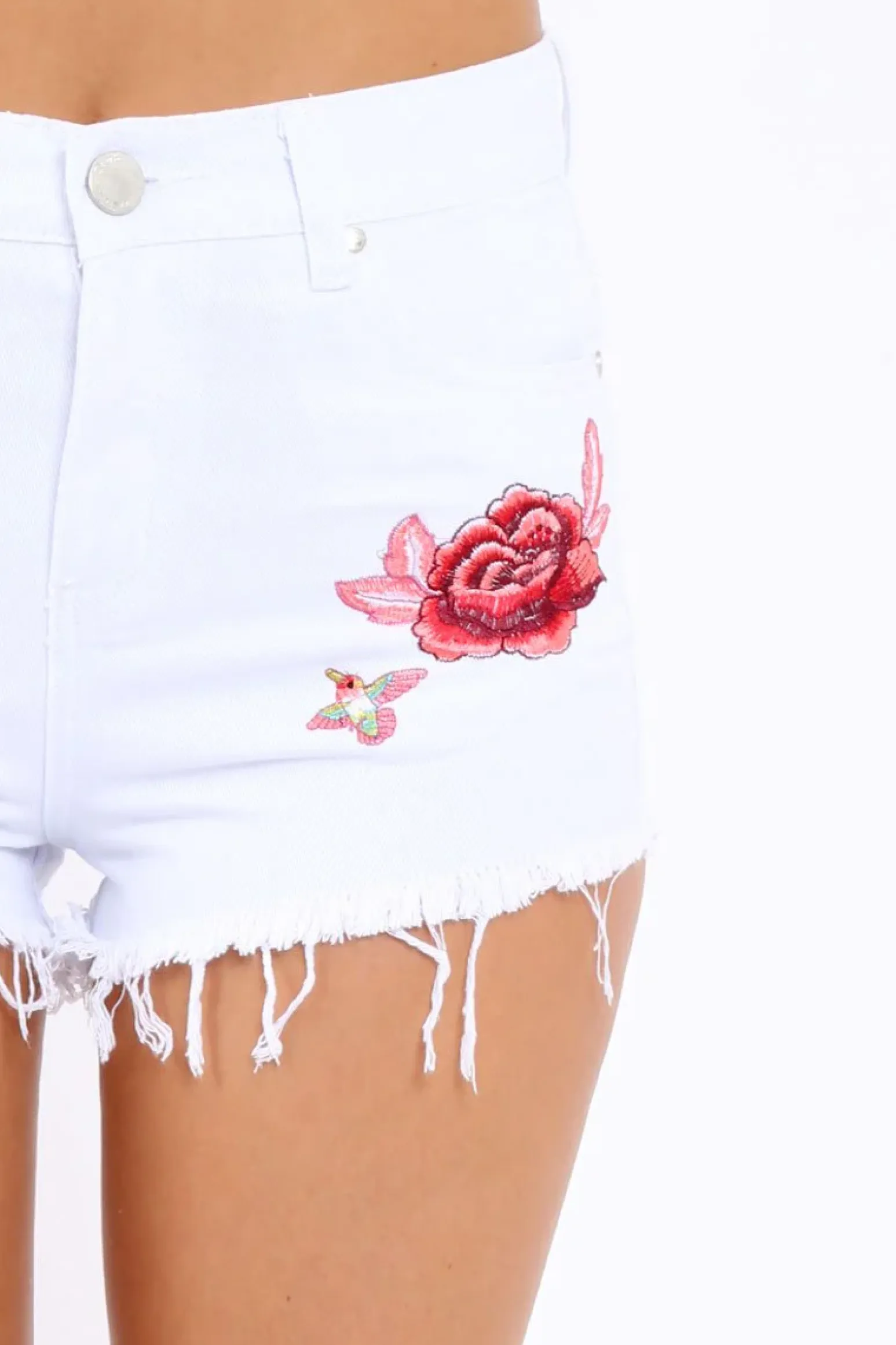 Rebellious Fashion White Embroidered Demin Shorts - Leo