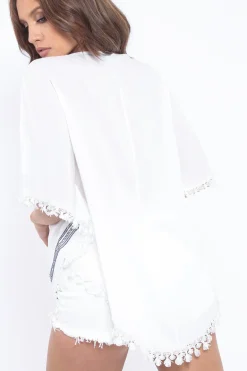 Rebellious Fashion White Embroidered Diamante Shape Kaftan - Kay