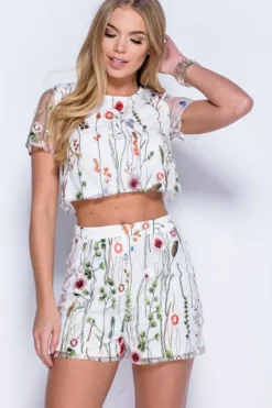 Rebellious Fashion White Embroidered Floral Co-ord - Roxy