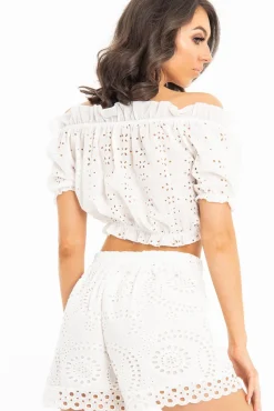 Rebellious Fashion White Embroidered Flower Tie Front Crop Top - Garner