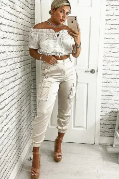 Rebellious Fashion White Embroidered Flower Tie Front Crop Top - Garner
