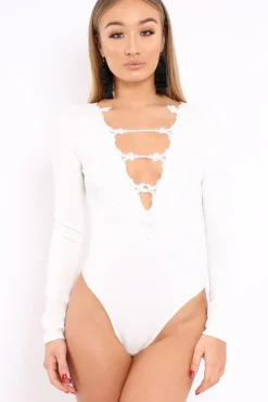 Rebellious Fashion White Embroidered Print Bodysuit - Addilee