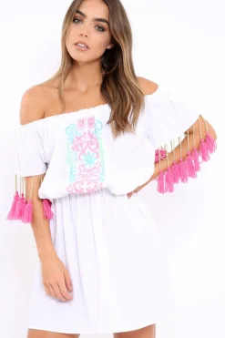 Rebellious Fashion White Embroidered Tassel Bardot Dress - Monroe