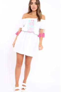 Rebellious Fashion White Embroidered Tassel Bardot Dress - Monroe