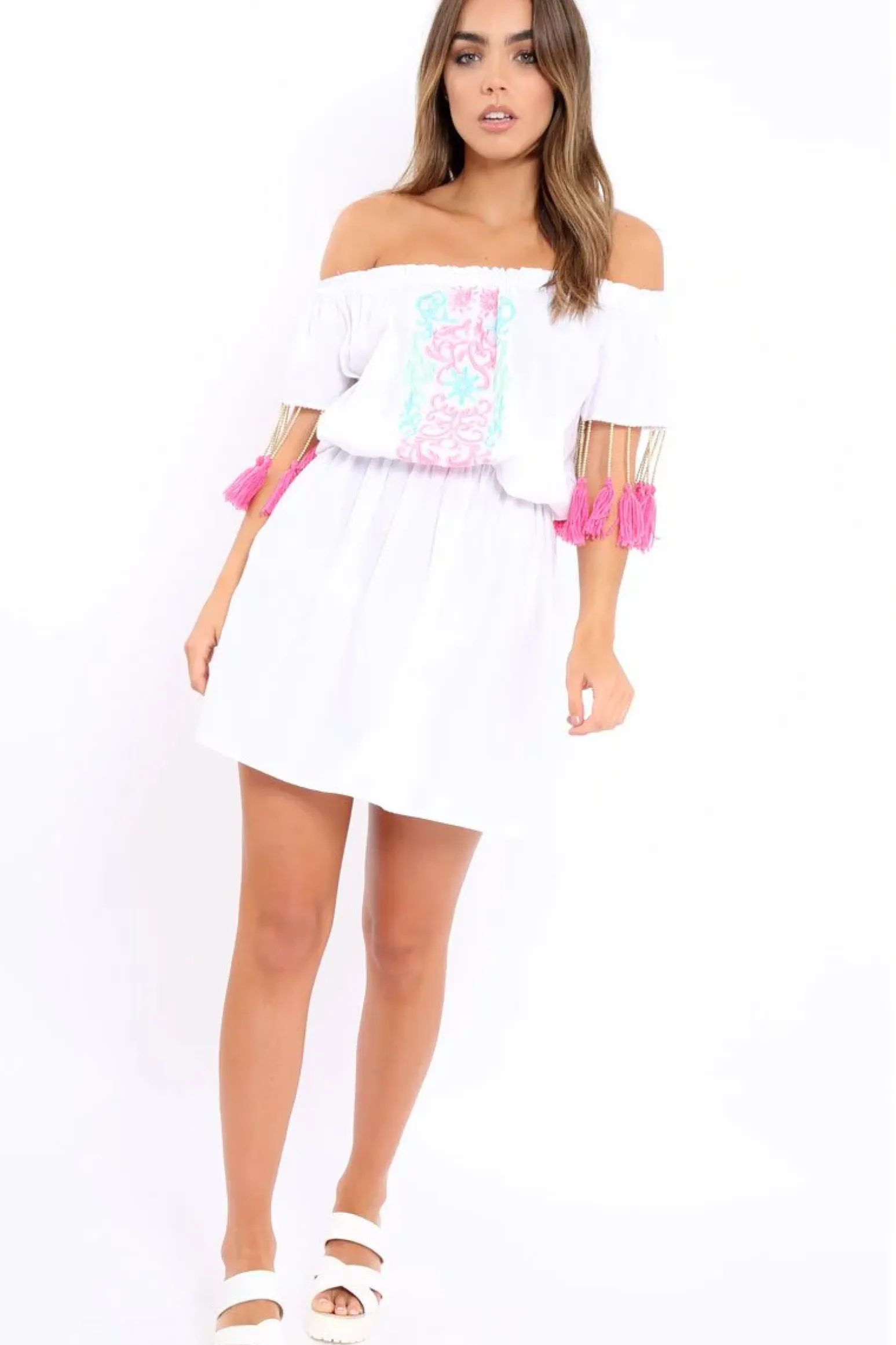 Rebellious Fashion White Embroidered Tassel Bardot Dress - Monroe