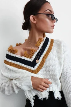 Rebellious Fashion White Extreme Frayed Contrast Trim Jumper - Chancey
