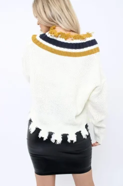 Rebellious Fashion White Extreme Frayed Contrast Trim Jumper - Chancey