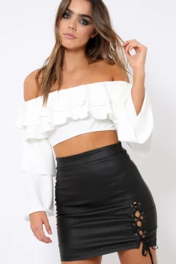 Rebellious Fashion White extreme Layered Frill Bardot Crop Top - Nevaeh