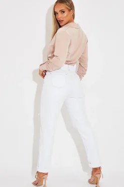 Rebellious Fashion White Extremely Ripped Denim Mom Jeans - Ellynor