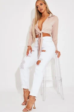 Rebellious Fashion White Extremely Ripped Denim Mom Jeans - Ellynor