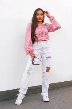 Rebellious Fashion White Extremely Ripped Denim Mom Jeans - Ellynor