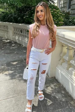 Rebellious Fashion White Extremely Ripped Denim Mom Jeans - Ellynor