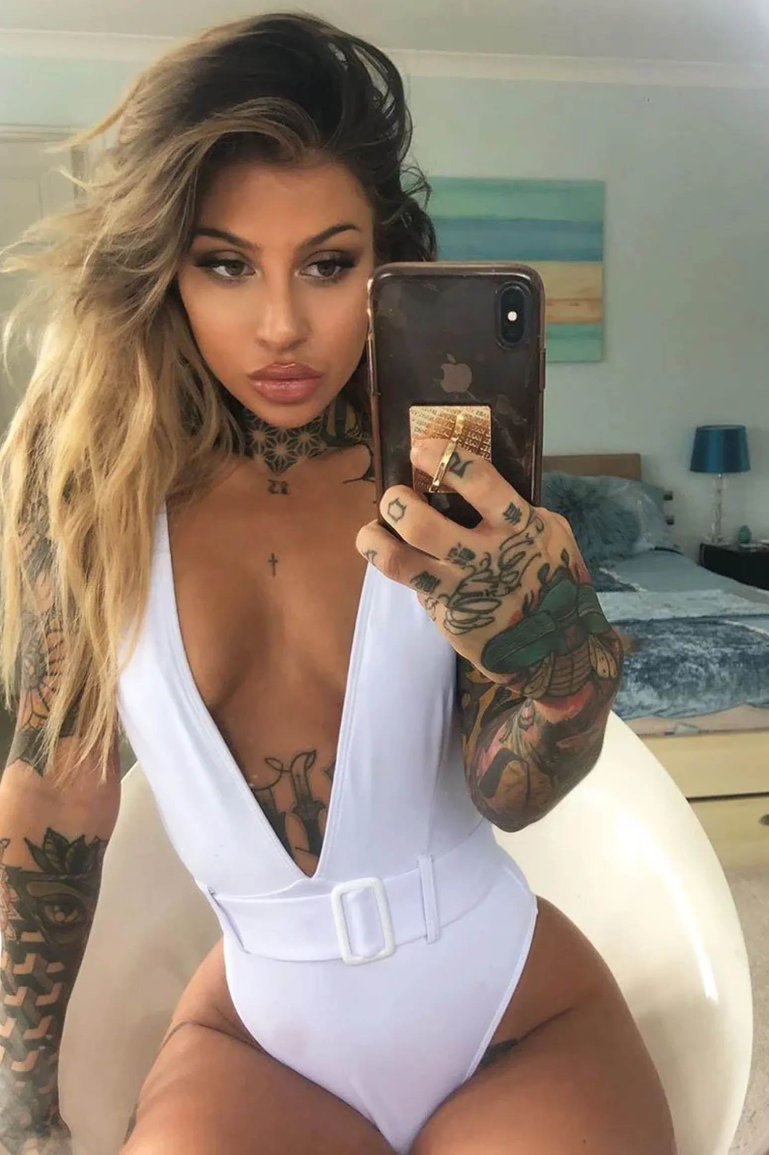 Rebellious Fashion White Extreme Plunge Belted Swimsuit - Elvi