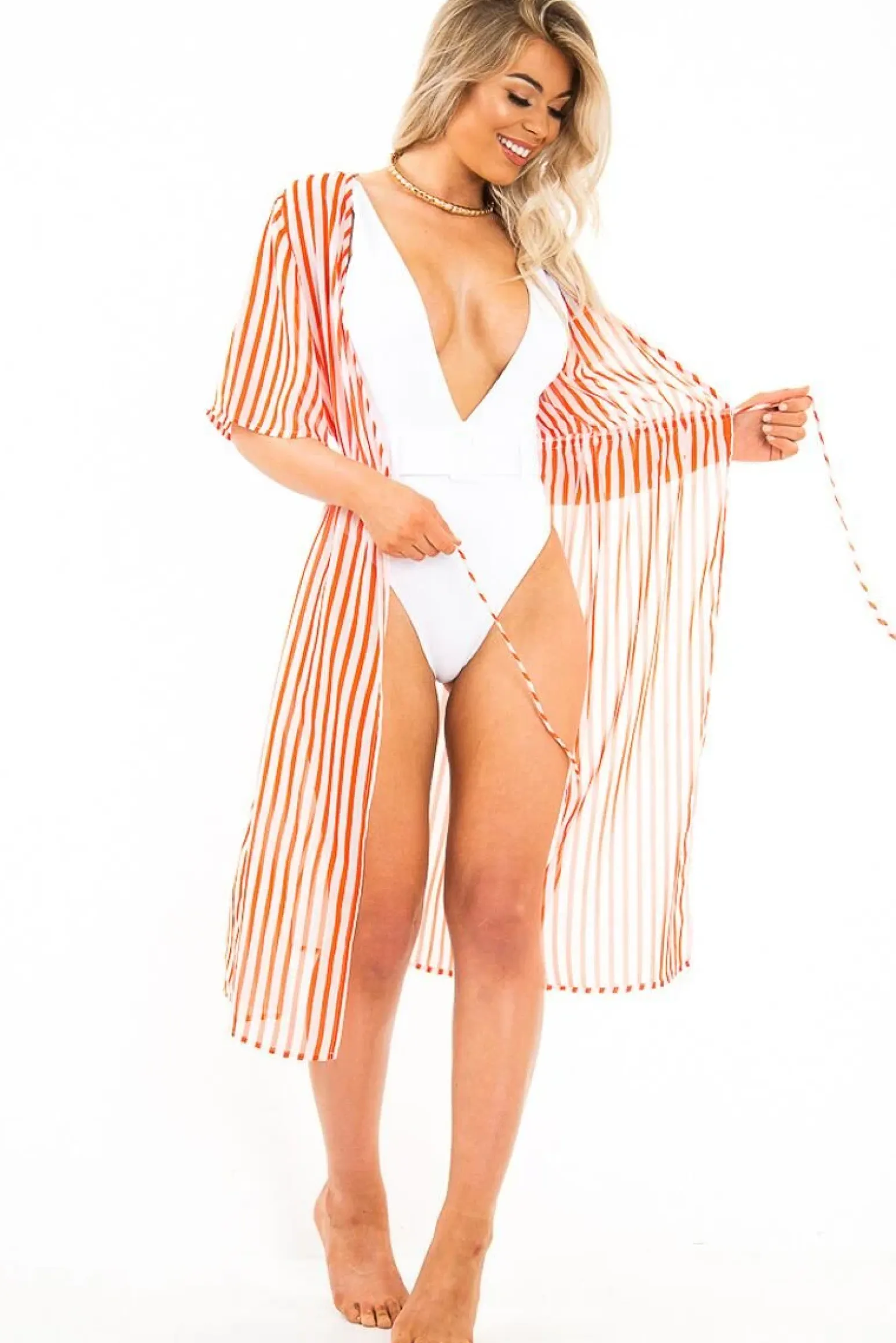 Rebellious Fashion White Extreme Plunge Belted Swimsuit - Elvi