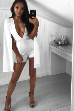 Rebellious Fashion White Extreme Plunge Cape Playsuit - Haylo