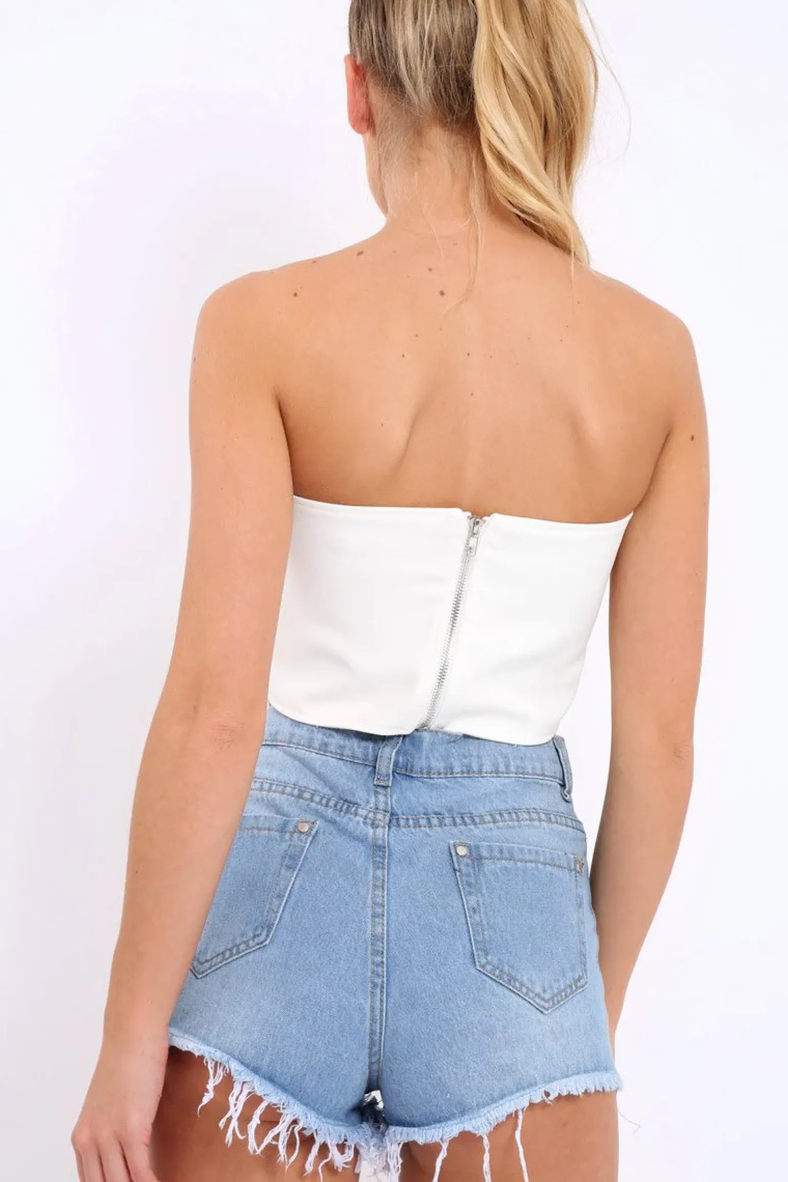 Rebellious Fashion White Eyelet Lace Up Bandeau Crop Top - Jolene
