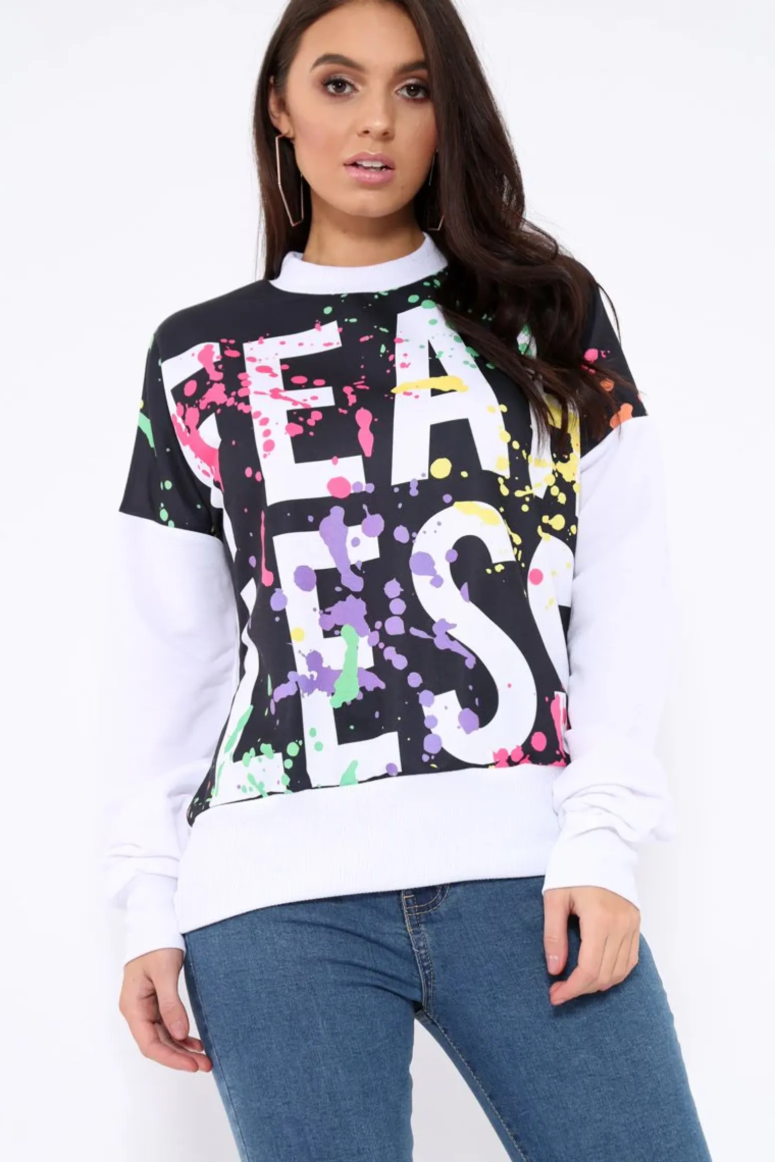 Rebellious Fashion White Fearless Paint Splatter Sweatshirt - Eliza