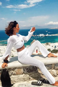 Rebellious Fashion White Fishnet Crop Jumper Wide Leg Trouser Co-ord - Haddie