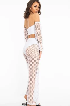 Rebellious Fashion White Fish Net Crop Tie Top and Trousers Co-ord - Misa