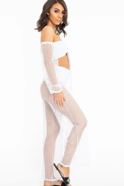 Rebellious Fashion White Fish Net Crop Tie Top and Trousers Co-ord - Misa