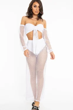 Rebellious Fashion White Fish Net Crop Tie Top and Trousers Co-ord - Misa