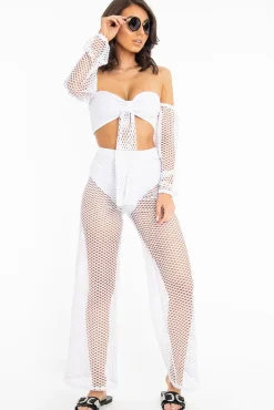 Rebellious Fashion White Fish Net Crop Tie Top and Trousers Co-ord - Misa